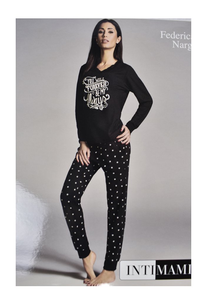 INTIMAMI Pigiama Lungo con Maglia scollo a V in Pizzo 2 Colori 3 Taglie ID031PGL Colori Nero Taglia S