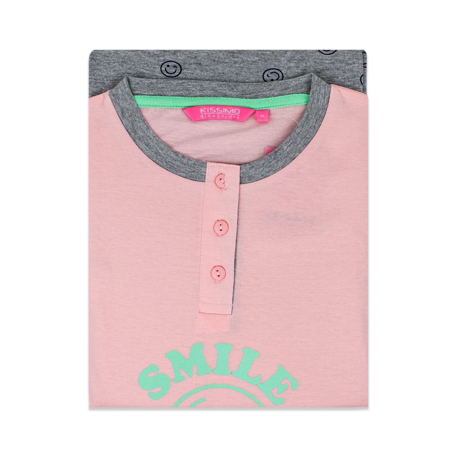 KISSIMO Pigiama Donna Maglia A Maniche Lunge E Pantalone Rosa Smile Sorriso (L)