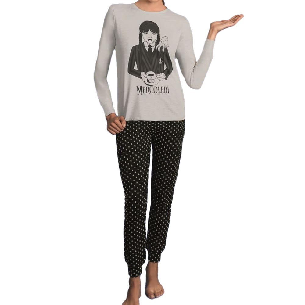 Sabor mercoledì Addams Pigiama in Caldo Cotone Ragazza Interlock (med0380) (9/10 Anni, Grigio)