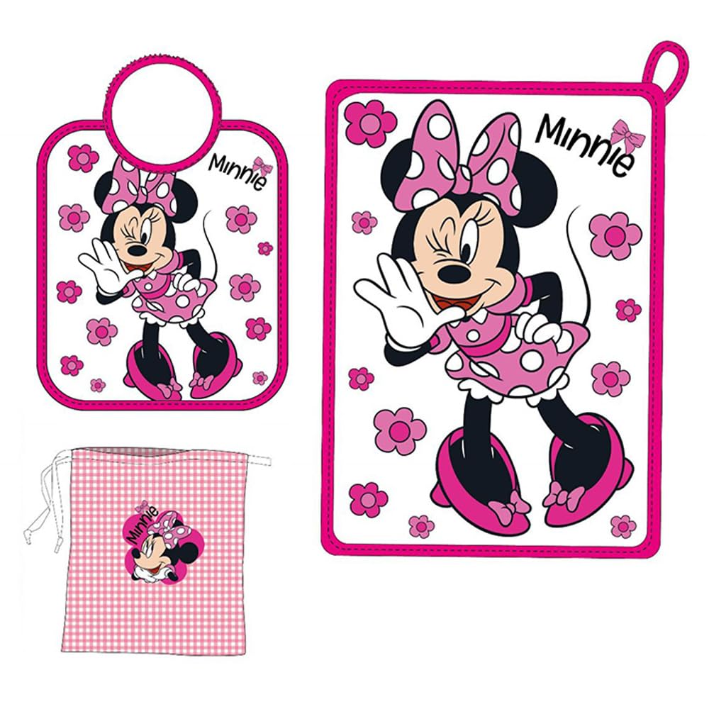 DISNEY BABY SET ASILO MINNIE DA TRE PEZZI: BAVETTA TOVAGLIETTA E SACCHETTO