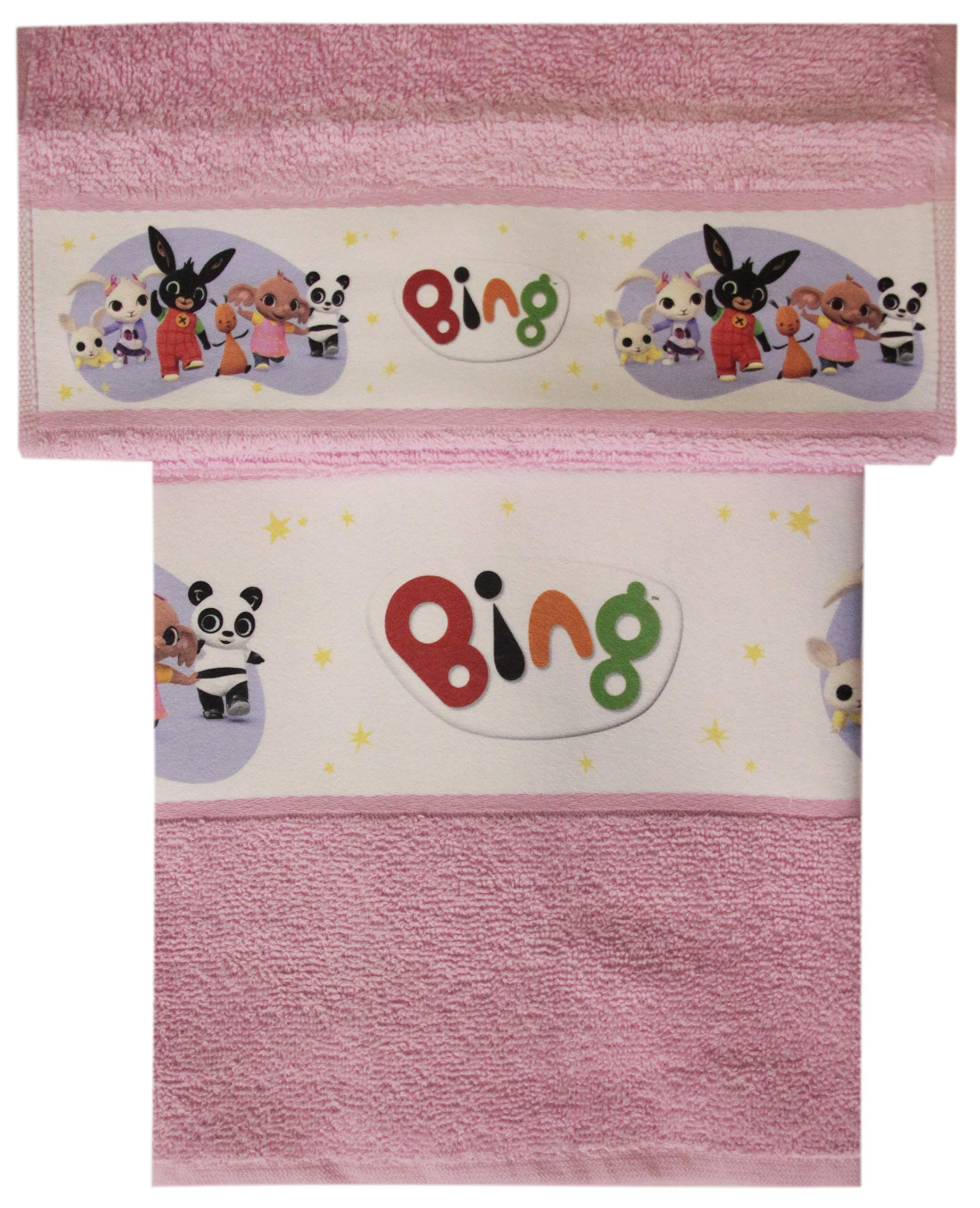 Set Spugna BING Coppia 2 Pezzi 1+1 Ospite 30 x 50 + Asciugamano 55 x 100 Spugna Di Puro Cotone ASILO SCUOLA MATERNA (Bing rosa)