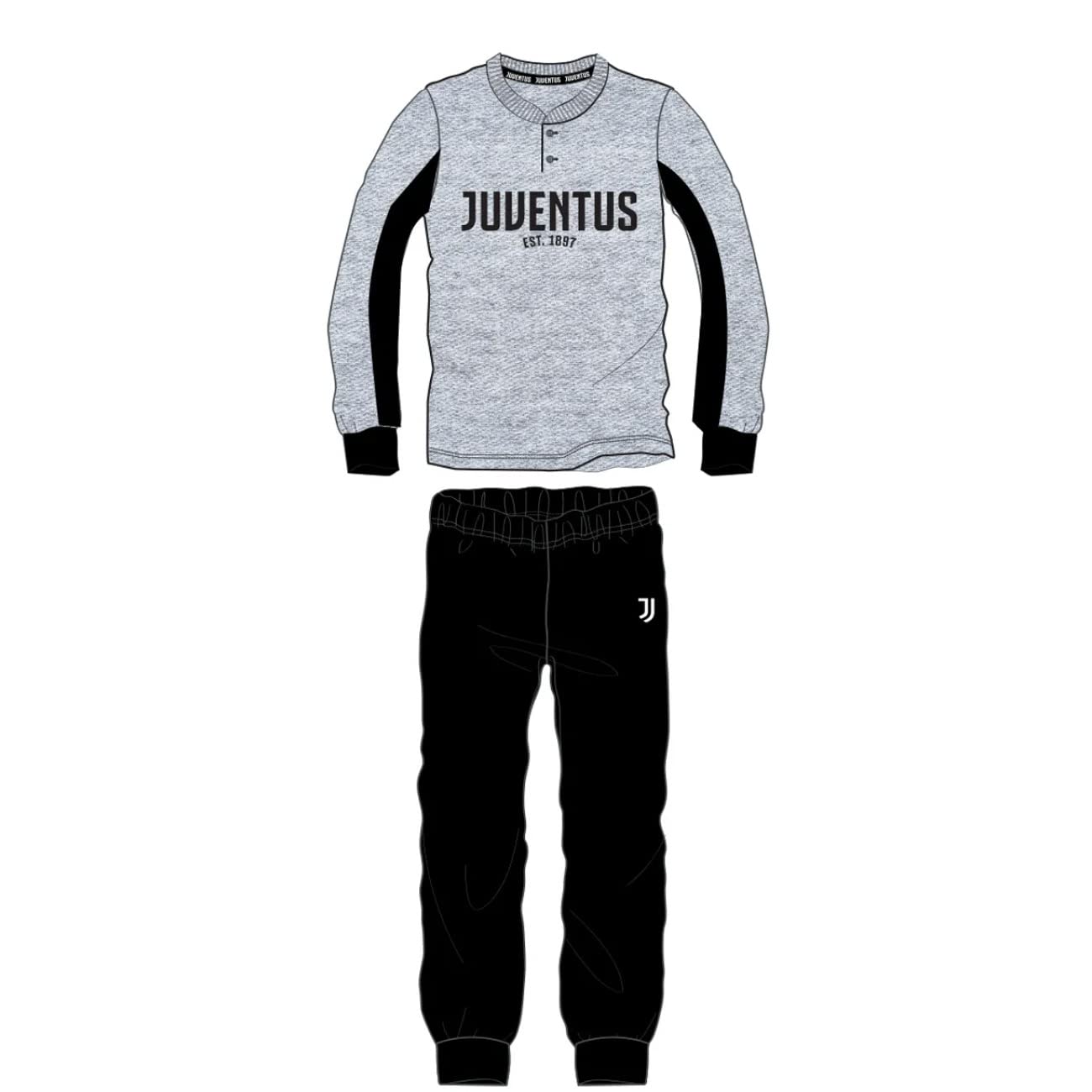 Galeone Tessuti - Pigiama Uomo Juventus Nero e Grigio Melange Taglie S, M, L, XL, XXL Modello Serafino (L, Grigio Melange)