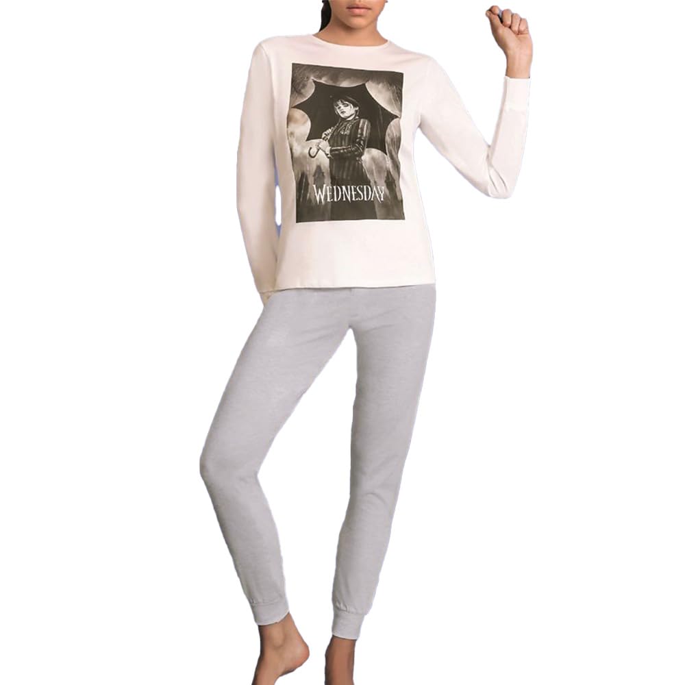 Sabor mercoledì Addams Pigiama in Caldo Cotone Ragazza Interlock (med0380) (13/14 Anni, Bianco)