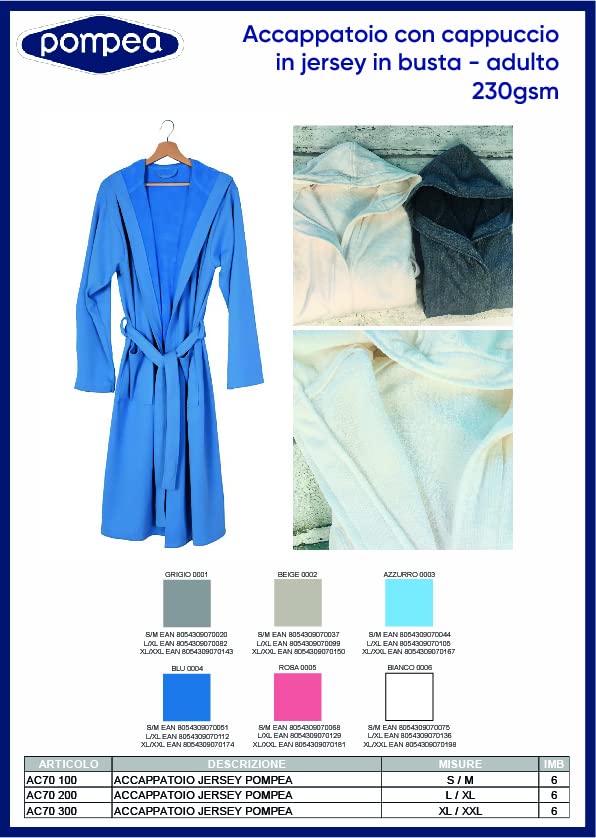 Novia Pompea accappatoio Uomo Donna con cappuccio Microspugna (jersey) (XL/XXL, Azzurro)