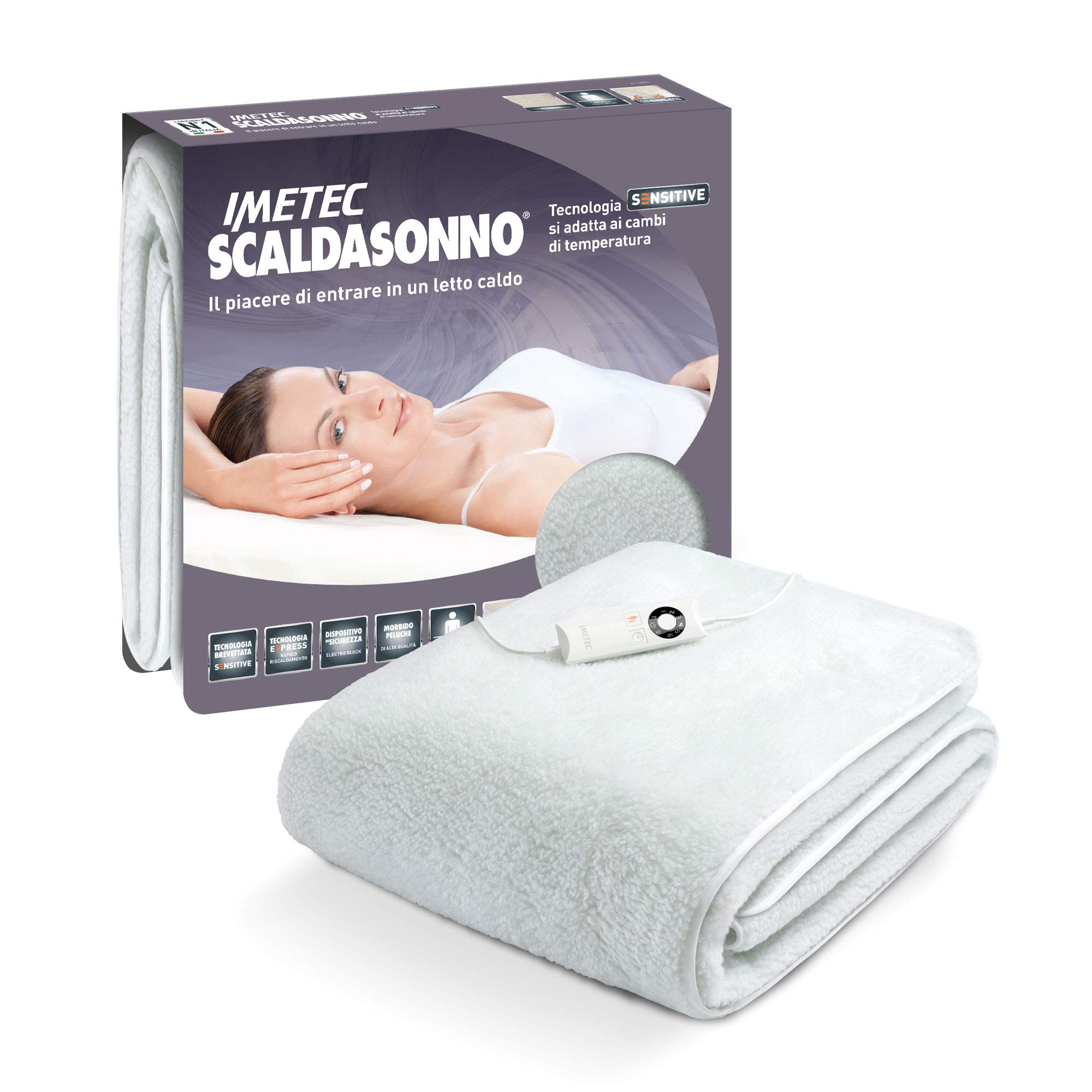 Imetec 16176A Scaldasonno Sensitive Matrimoniale, si Adatta ai Cambi di Temperatura, Morbido Peluche, Coprimaterasso Maxi 190 x 