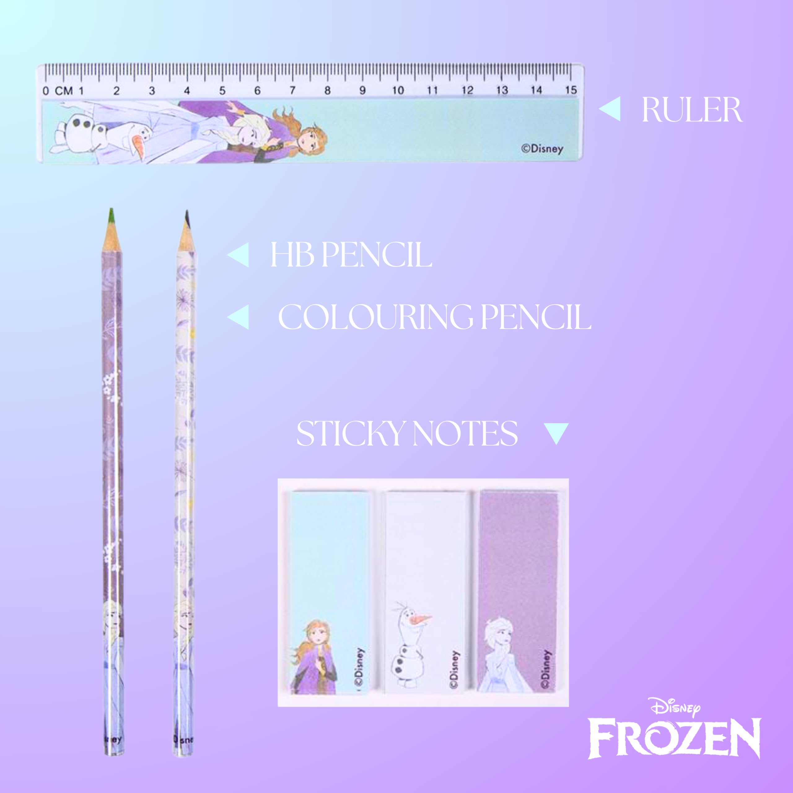 Disney Frozen 2 Set di Cancelleria, Include Matite, Righello, Taccuino A6, Gomma, Temperamatite, Foglietti Adesivi, Clips, Astuc