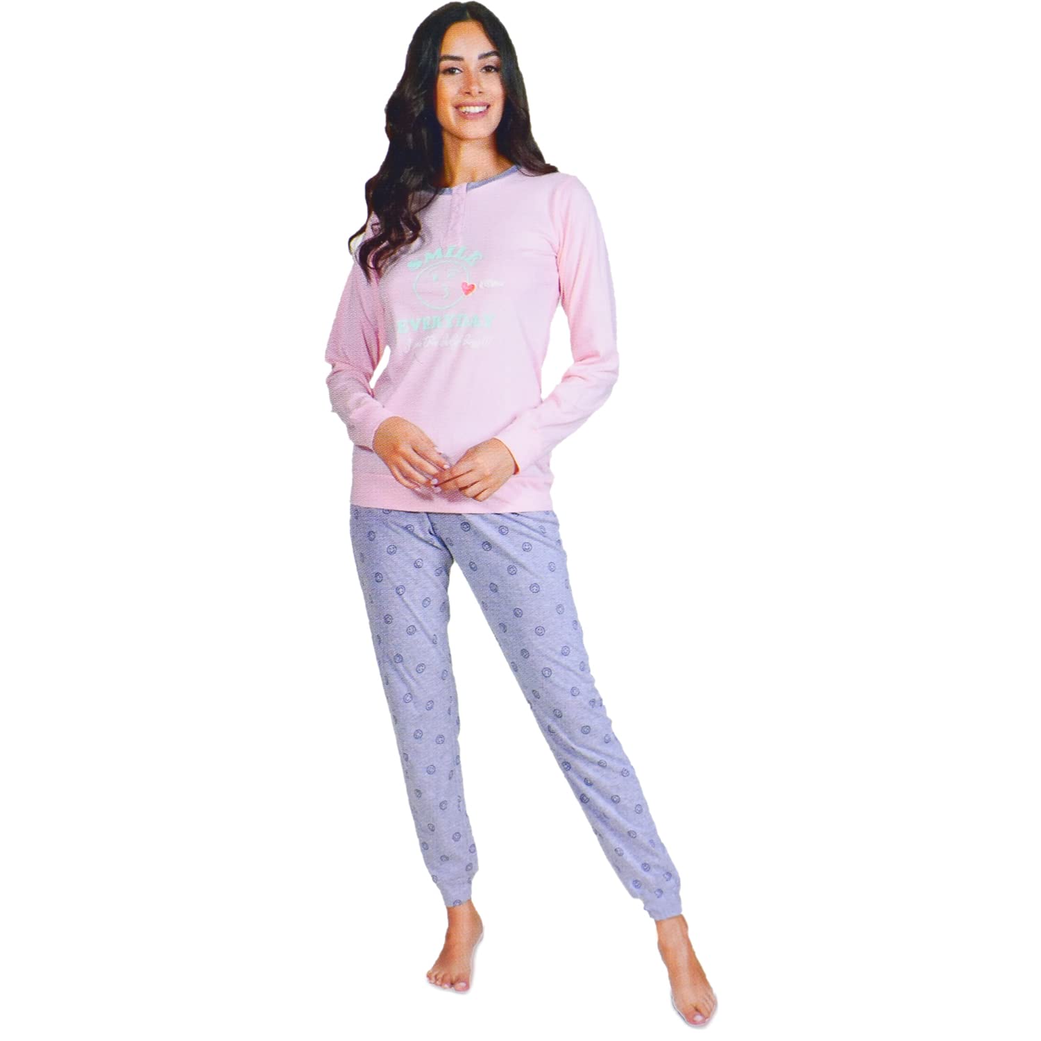 KISSIMO Pigiama Donna Maglia A Maniche Lunge E Pantalone Rosa Smile Sorriso (XL)