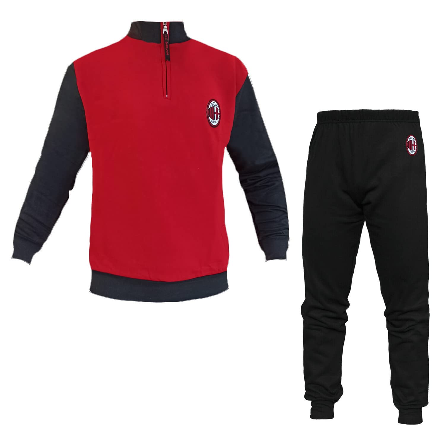 Pigiama Tuta Uomo in Felpa Mezza Zip Milan Prodotto Ufficiale Art. MI14116 (S, Rosso)